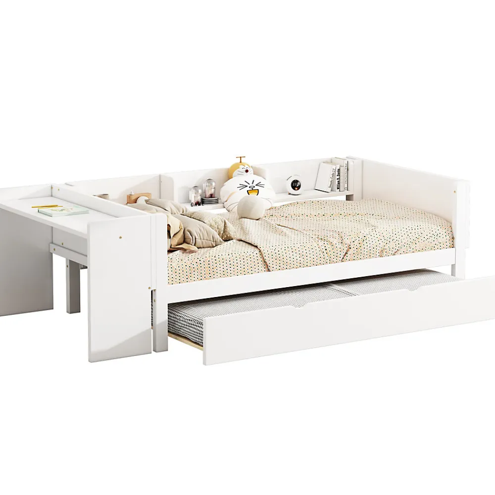 Lit Gigogne 90x200 cm - Lit Combiné enfant avec Bureau et 3 Étagères - Sans Matelas - Blanc>Okwish