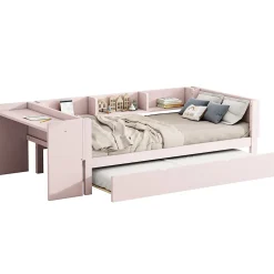 Okwish Lit Gigogne 90x200 cm - Lit Combiné enfant avec Bureau et 3 Étagères - Sans Matelas - Rose* Lit Gigogne