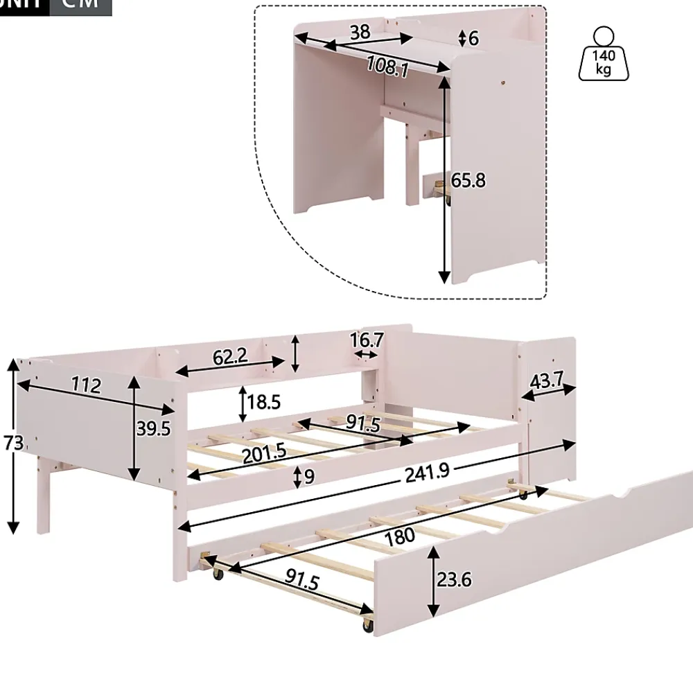 Okwish Lit Gigogne 90x200 cm - Lit Combiné enfant avec Bureau et 3 Étagères - Sans Matelas - Rose* Lit Gigogne