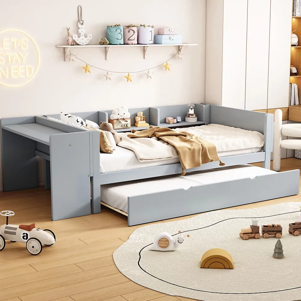 Okwish Lit Gigogne 90x200 cm - Lit Combiné enfant avec Bureau et 3 Étagères - Sans Matelas - Gris* Lit Gigogne