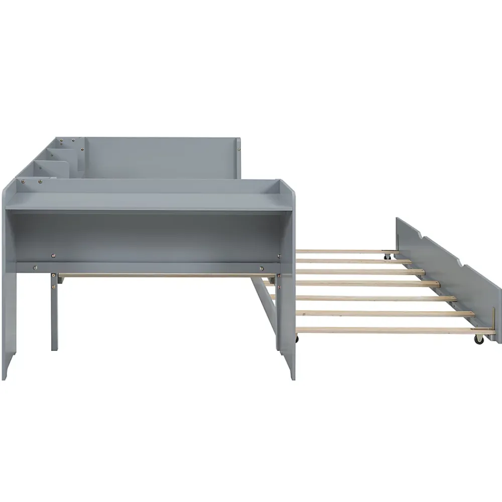 Okwish Lit Gigogne 90x200 cm - Lit Combiné enfant avec Bureau et 3 Étagères - Sans Matelas - Gris* Lit Gigogne
