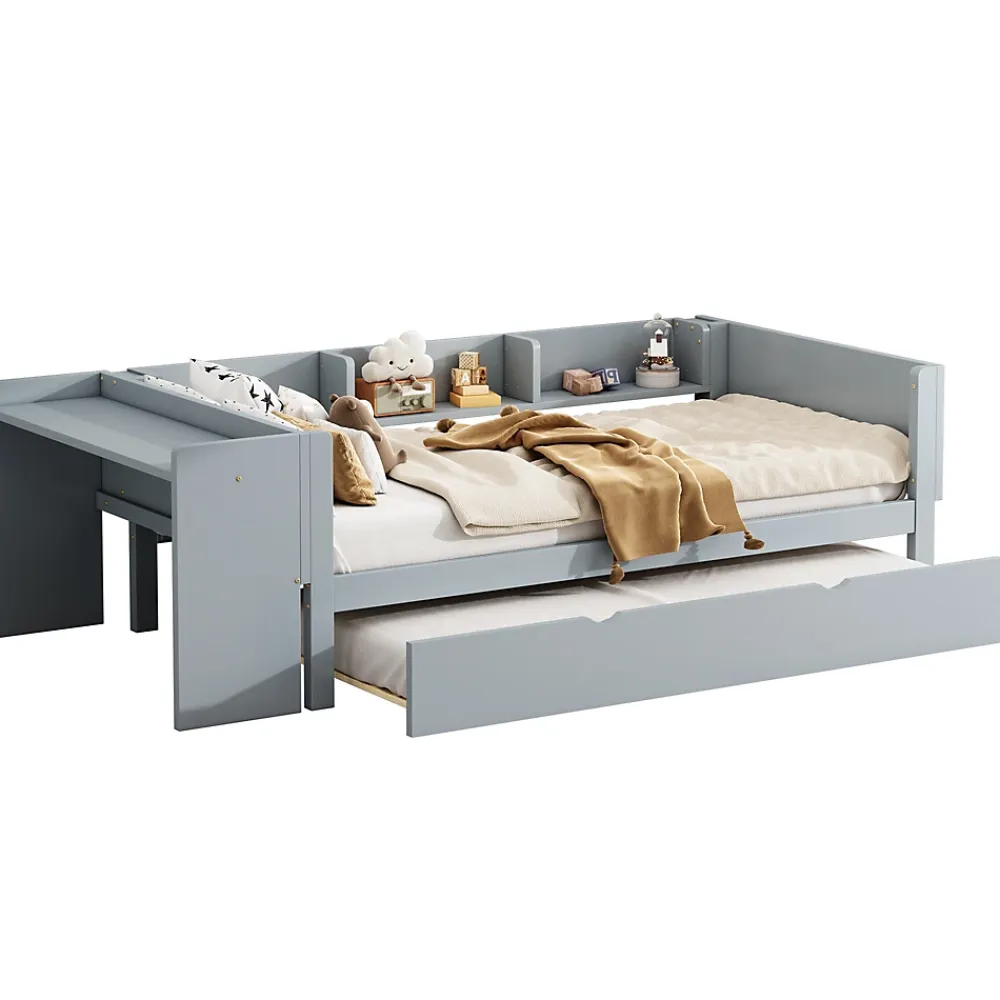 Okwish Lit Gigogne 90x200 cm - Lit Combiné enfant avec Bureau et 3 Étagères - Sans Matelas - Gris* Lit Gigogne