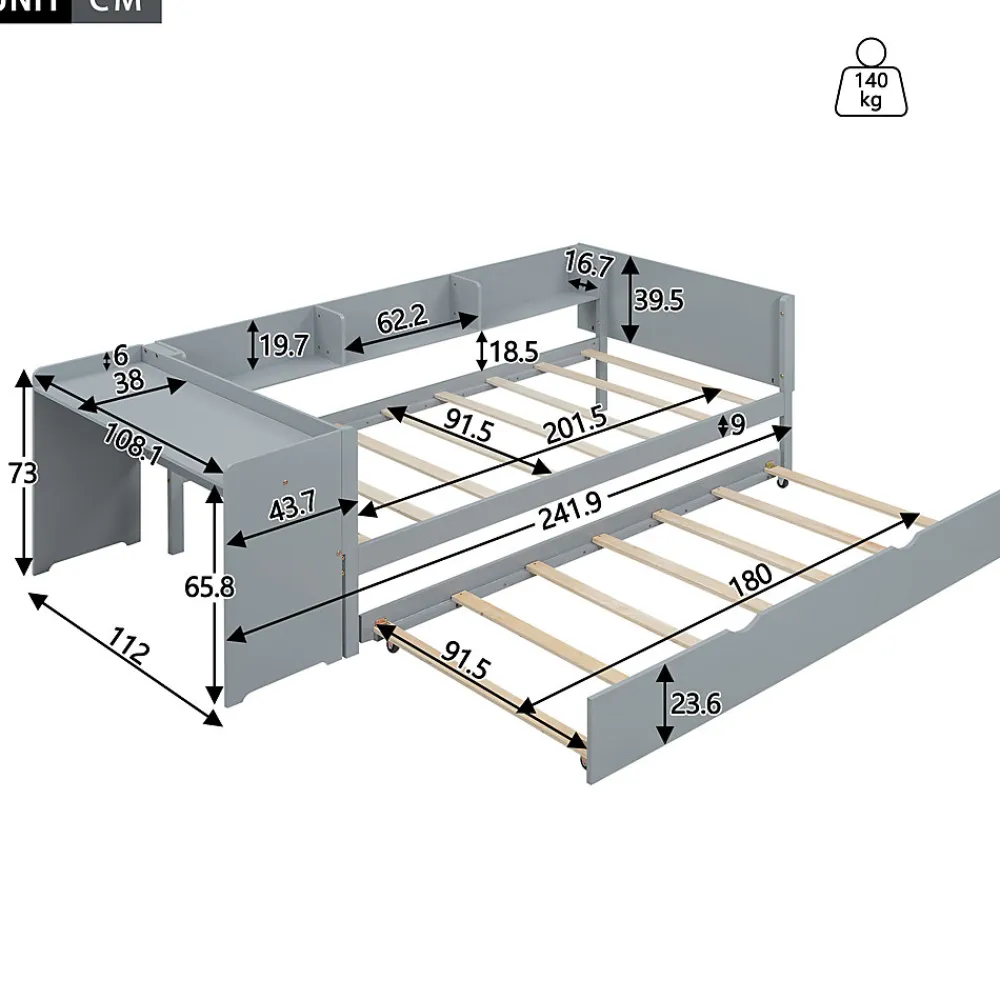 Okwish Lit Gigogne 90x200 cm - Lit Combiné enfant avec Bureau et 3 Étagères - Sans Matelas - Gris* Lit Gigogne