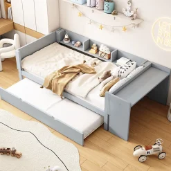 Okwish Lit Gigogne 90x200 cm - Lit Combiné enfant avec Bureau et 3 Étagères - Sans Matelas - Gris* Lit Gigogne