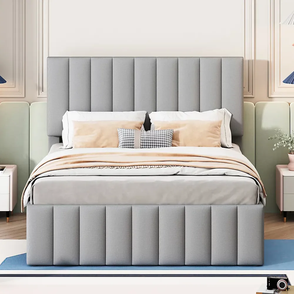 Okwish Lit Gigogne 140x200 cm - Lit Double avec Tiroirs et Lit enfant 90x190 cm, Structure en MDF et Lin, Sans Matelas - Gris* Lit Gigogne