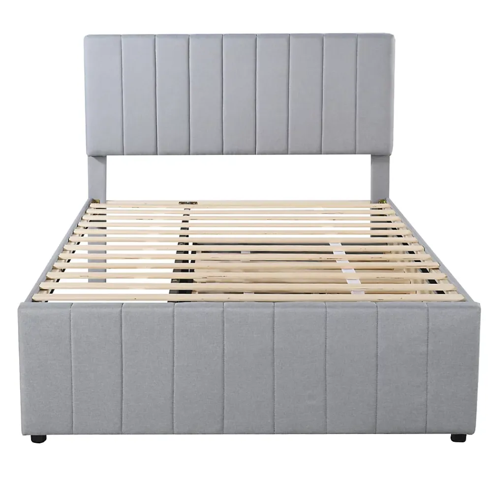 Okwish Lit Gigogne 140x200 cm - Lit Double avec Tiroirs et Lit enfant 90x190 cm, Structure en MDF et Lin, Sans Matelas - Gris* Lit Gigogne