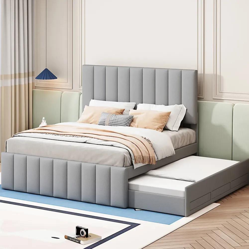 Okwish Lit Gigogne 140x200 cm - Lit Double avec Tiroirs et Lit enfant 90x190 cm, Structure en MDF et Lin, Sans Matelas - Gris* Lit Gigogne