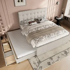 Lit Gigogne 140x200 cm - Lit Double Ado avec Tête de Lit Réglable et 3 Tiroirs - Sans Matelas - Lin Beige>Okwish New