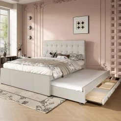 Lit Gigogne 140x200 cm - Lit Double Ado avec Tête de Lit Réglable et 3 Tiroirs - Sans Matelas - Lin Beige>Okwish New
