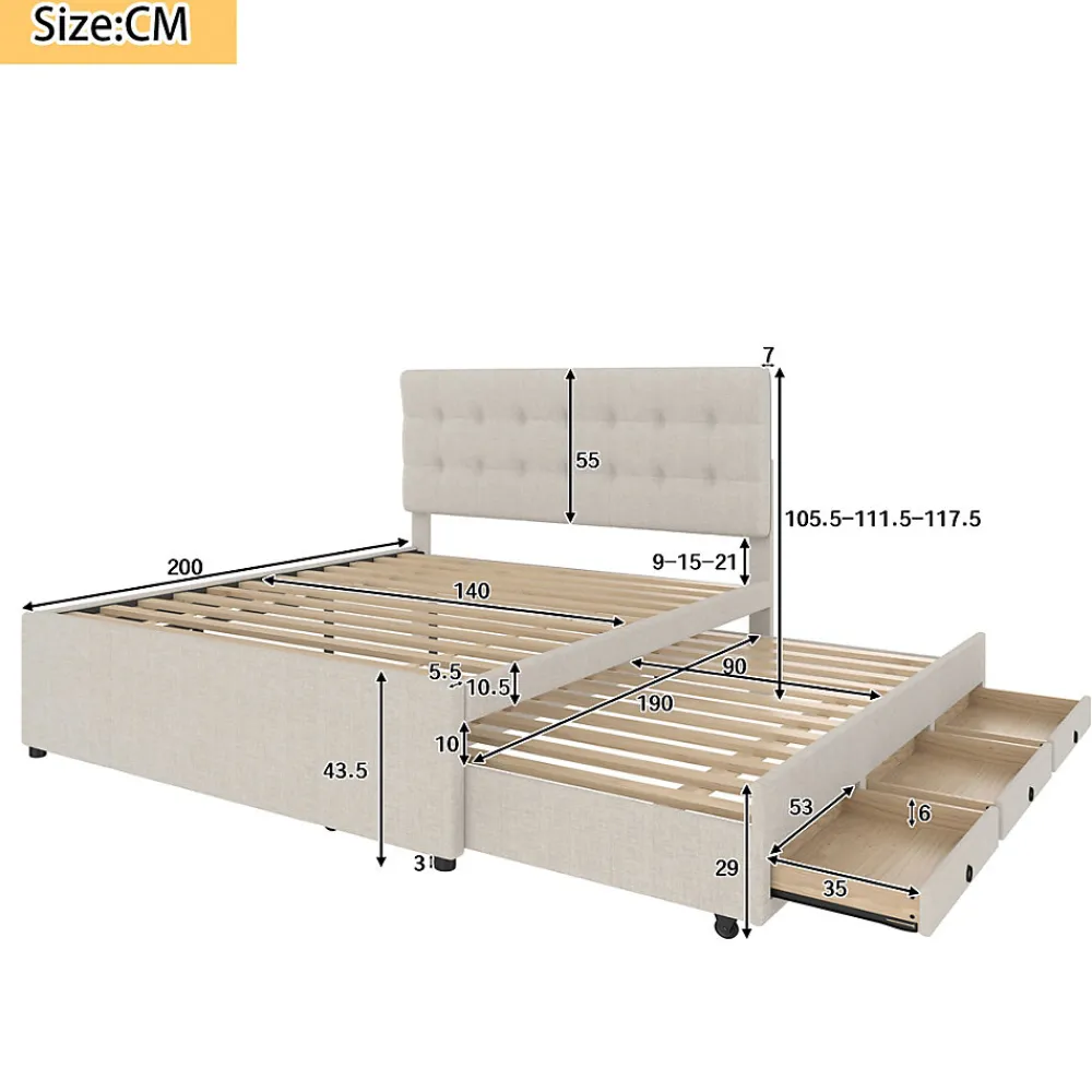 Lit Gigogne 140x200 cm - Lit Double Ado avec Tête de Lit Réglable et 3 Tiroirs - Sans Matelas - Lin Beige>Okwish New