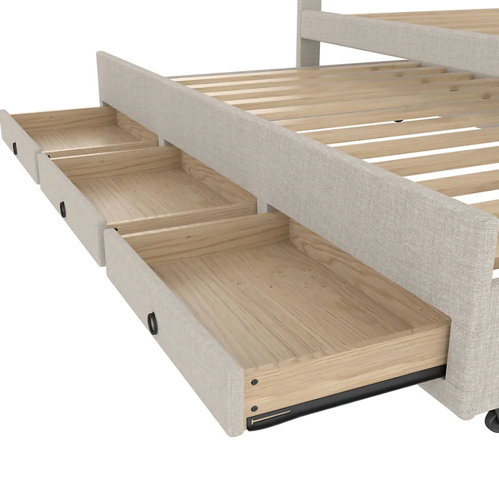 Lit Gigogne 140x200 cm - Lit Double Ado avec Tête de Lit Réglable et 3 Tiroirs - Sans Matelas - Lin Beige>Okwish New