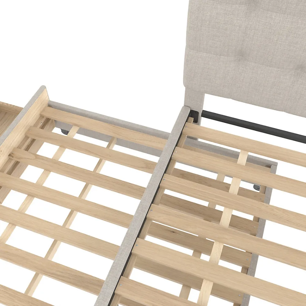 Lit Gigogne 140x200 cm - Lit Double Ado avec Tête de Lit Réglable et 3 Tiroirs - Sans Matelas - Lin Beige>Okwish New