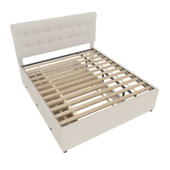 Lit Gigogne 140x200 cm - Lit Double Ado avec Tête de Lit Réglable et 3 Tiroirs - Sans Matelas - Lin Beige><noscript><img width=