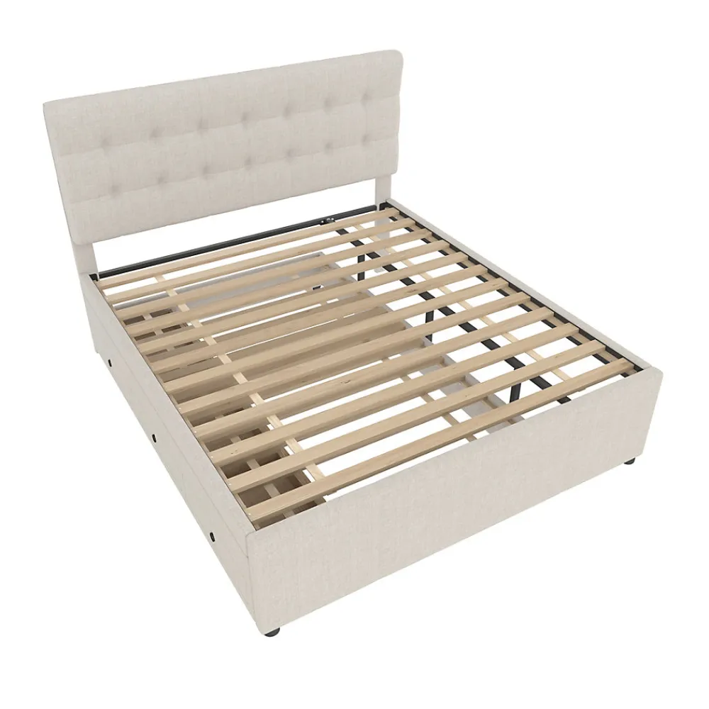 Lit Gigogne 140x200 cm - Lit Double Ado avec Tête de Lit Réglable et 3 Tiroirs - Sans Matelas - Lin Beige>Okwish New