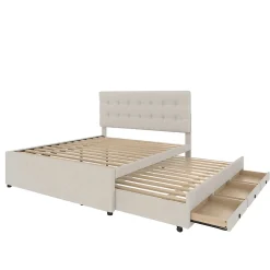 Lit Gigogne 140x200 cm - Lit Double Ado avec Tête de Lit Réglable et 3 Tiroirs - Sans Matelas - Lin Beige><noscript><img width=