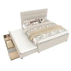 Lit Gigogne 140x200 cm - Lit Double Ado avec Tête de Lit Réglable et 3 Tiroirs - Sans Matelas - Lin Beige><noscript><img width=