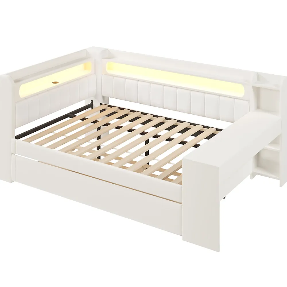 Okwish Lit Gigogne 140x200 cm - Lit Double Rembourré avec LED et Ports USB, Bureau Intégré, sans Matelas - MDF Blanc* Lit Gigogne