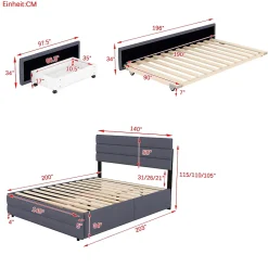Okwish Lit Gigogne 140x200 cm - Lit Double avec Tiroirs et Rangement Extensible - Lit D'Appoint Adulte - Lin Gris - Sans Matelas* Lit Gigogne