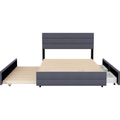 Okwish Lit Gigogne 140x200 cm - Lit Double avec Tiroirs et Rangement Extensible - Lit D'Appoint Adulte - Lin Gris - Sans Matelas* Lit Gigogne