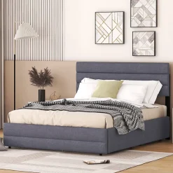 Okwish Lit Gigogne 140x200 cm - Lit Double avec Tiroirs et Rangement Extensible - Lit D'Appoint Adulte - Lin Gris - Sans Matelas* Lit Gigogne