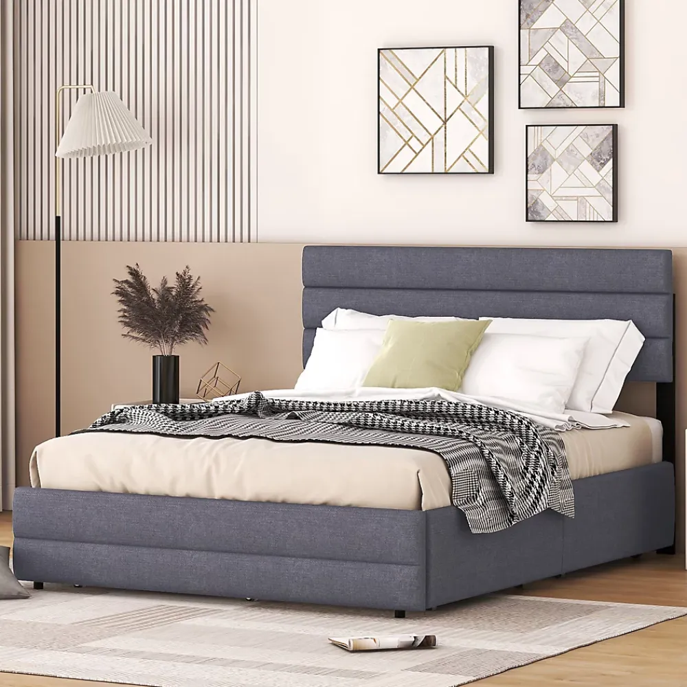 Okwish Lit Gigogne 140x200 cm - Lit Double avec Tiroirs et Rangement Extensible - Lit D'Appoint Adulte - Lin Gris - Sans Matelas* Lit Gigogne