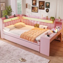 Lit Gigogne 140x200 cm - Lit Double Rembourré avec LED et Ports USB, Bureau Intégré, sans Matelas - MDF Rose>Okwish Sale