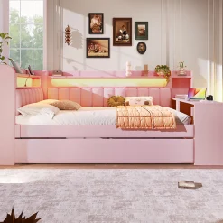 Lit Gigogne 140x200 cm - Lit Double Rembourré avec LED et Ports USB, Bureau Intégré, sans Matelas - MDF Rose><noscript><img width=