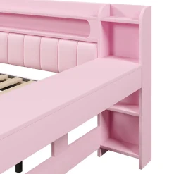Lit Gigogne 140x200 cm - Lit Double Rembourré avec LED et Ports USB, Bureau Intégré, sans Matelas - MDF Rose><noscript><img width=