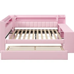 Lit Gigogne 140x200 cm - Lit Double Rembourré avec LED et Ports USB, Bureau Intégré, sans Matelas - MDF Rose><noscript><img width=