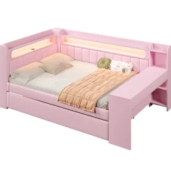 Lit Gigogne 140x200 cm - Lit Double Rembourré avec LED et Ports USB, Bureau Intégré, sans Matelas - MDF Rose><noscript><img width=
