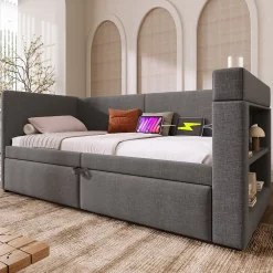 Okwish Lit Gigogne 90x200 cm - Lit Enfant avec Ports USB et Type-C, Porte-Gobelet, sans Matelas, Tissu Lin, Gris* Lit Gigogne