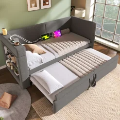 Okwish Lit Gigogne 90x200 cm - Lit Enfant avec Ports USB et Type-C, Porte-Gobelet, sans Matelas, Tissu Lin, Gris* Lit Gigogne