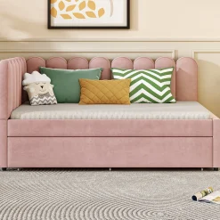 Lit Gigogne 140x200 cm - Lit Enfant Velours avec Rangement et Lit Extensible L-Forme, Sans Matelas, Rose><noscript><img width=