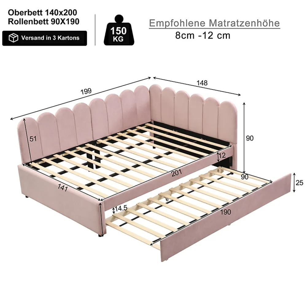 Lit Gigogne 140x200 cm - Lit Enfant Velours avec Rangement et Lit Extensible L-Forme, Sans Matelas, Rose>Okwish Outlet