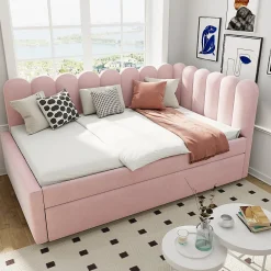 Lit Gigogne 140x200 cm - Lit Enfant Velours avec Rangement et Lit Extensible L-Forme, Sans Matelas, Rose><noscript><img width=