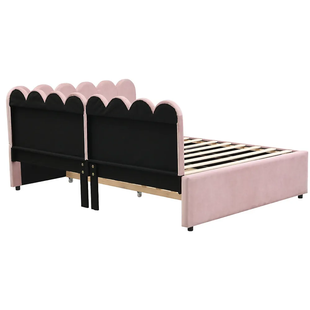 Lit Gigogne 140x200 cm - Lit Enfant Velours avec Rangement et Lit Extensible L-Forme, Sans Matelas, Rose>Okwish Outlet