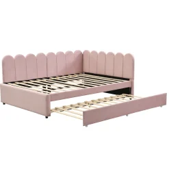 Lit Gigogne 140x200 cm - Lit Enfant Velours avec Rangement et Lit Extensible L-Forme, Sans Matelas, Rose><noscript><img width=