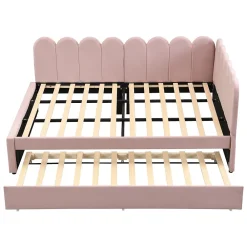 Lit Gigogne 140x200 cm - Lit Enfant Velours avec Rangement et Lit Extensible L-Forme, Sans Matelas, Rose><noscript><img width=