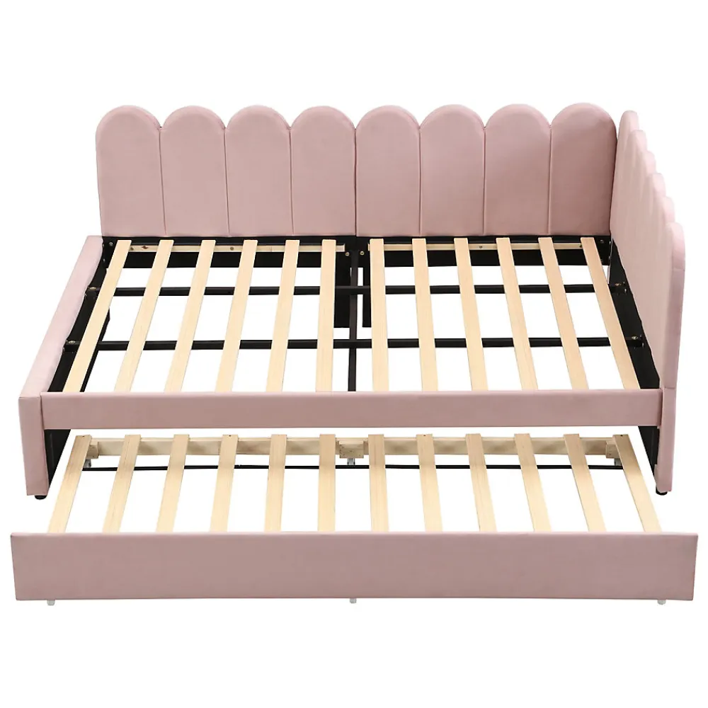 Lit Gigogne 140x200 cm - Lit Enfant Velours avec Rangement et Lit Extensible L-Forme, Sans Matelas, Rose>Okwish Outlet