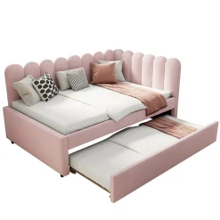 Lit Gigogne 140x200 cm - Lit Enfant Velours avec Rangement et Lit Extensible L-Forme, Sans Matelas, Rose><noscript><img width=