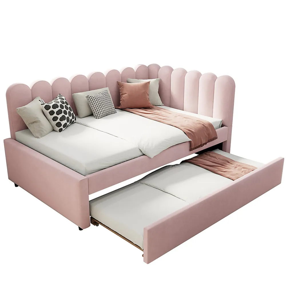 Lit Gigogne 140x200 cm - Lit Enfant Velours avec Rangement et Lit Extensible L-Forme, Sans Matelas, Rose>Okwish Outlet