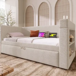 Okwish Lit Gigogne 90x190 cm - Lit Enfant avec Ports USB et Type-C, Porte-Gobelet, sans Matelas, Tissu Lin, Beige* Lit Gigogne
