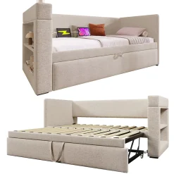 Okwish Lit Gigogne 90x190 cm - Lit Enfant avec Ports USB et Type-C, Porte-Gobelet, sans Matelas, Tissu Lin, Beige* Lit Gigogne