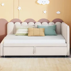 Okwish Lit Gigogne 90x200 cm - Lit Enfant Velours avec Rangement et Lit Extensible, 2-en-1 Multifonction, Sans Matelas, Beige* Lit Gigogne