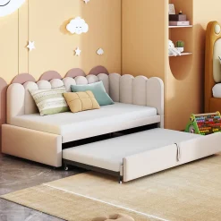 Okwish Lit Gigogne 90x200 cm - Lit Enfant Velours avec Rangement et Lit Extensible, 2-en-1 Multifonction, Sans Matelas, Beige* Lit Gigogne