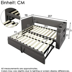 Okwish Lit Gigogne 90x190 cm - Lit Enfant avec Ports USB et Type-C, Porte-Gobelet, sans Matelas, Tissu Lin, Gris* Lit Gigogne