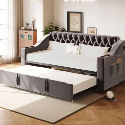 Lit Gigogne 90x190 cm - Lit Enfant en Velours avec Rangement et Port USB, Sommier à Lattes, Sans Matelas, Gris Foncé><noscript><img width=