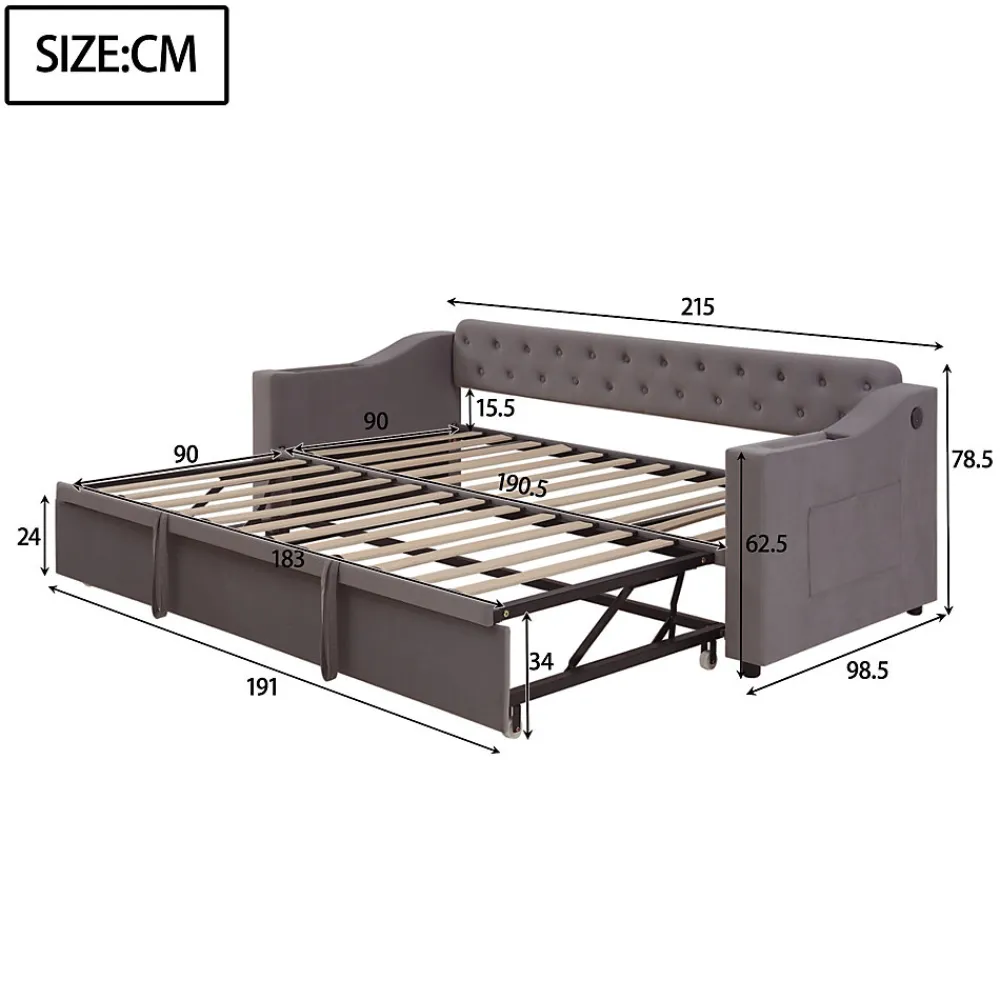 Lit Gigogne 90x190 cm - Lit Enfant en Velours avec Rangement et Port USB, Sommier à Lattes, Sans Matelas, Gris Foncé>Okwish Hot