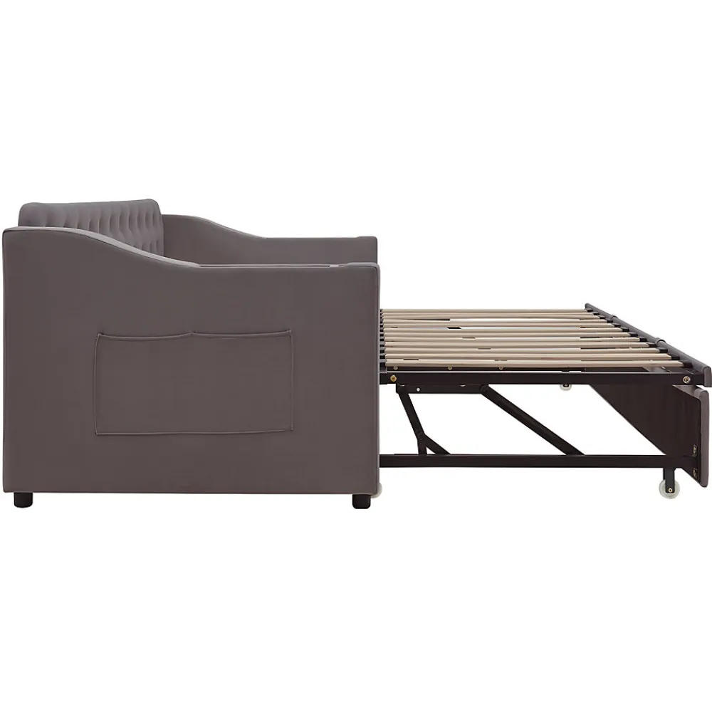Lit Gigogne 90x190 cm - Lit Enfant en Velours avec Rangement et Port USB, Sommier à Lattes, Sans Matelas, Gris Foncé>Okwish Hot