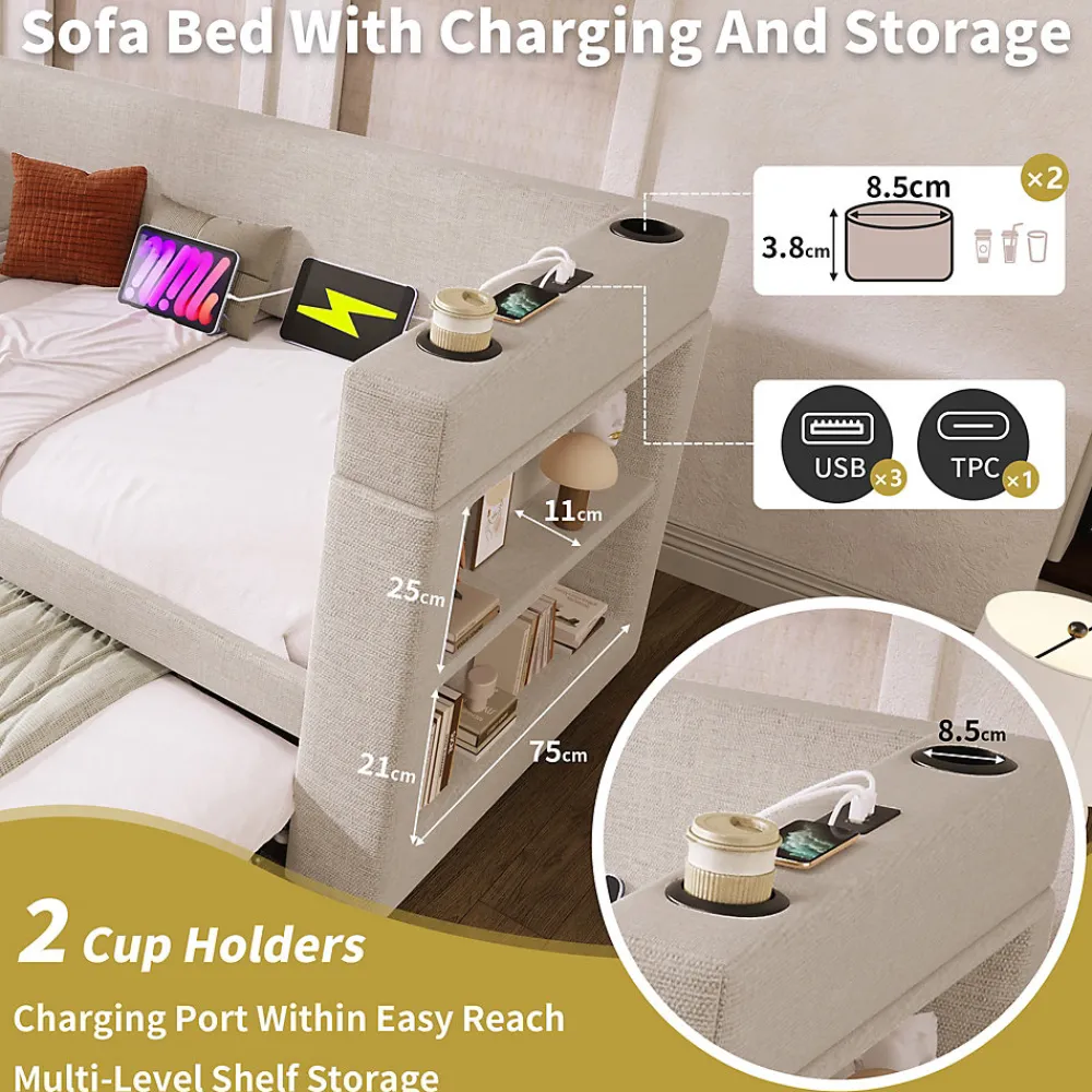 Lit Gigogne 90x200 cm - Lit Enfant avec Ports USB et Type-C, Porte-Gobelet, sans Matelas, Tissu Lin, Beige>Okwish Hot